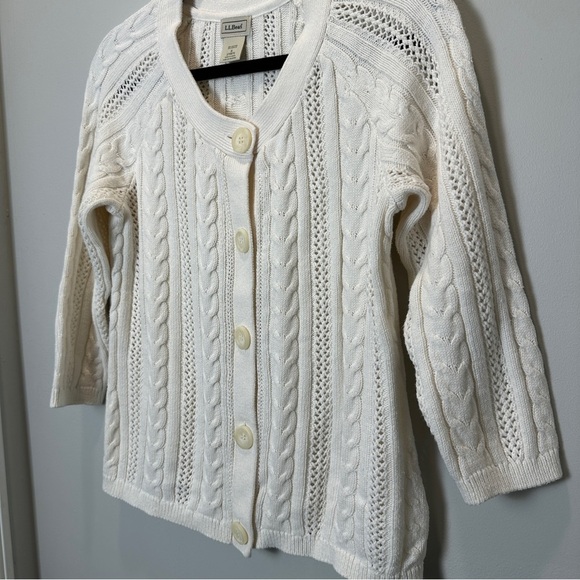 L. L. Bean Chunky Knit Cardigan Womens Size Small cotton cream 3/4 sleeve - Picture 3 of 4
